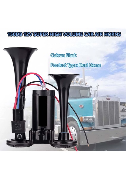 Korna Seti, 12V 150DB Araba Hava Kornası Süper Yüksek Sesli 2 Trompetli Kompresörlü Tren Korna Seti Kamyonlar, Trenler, Tekneler Için Siyah (Yurt Dışından) indirimleri