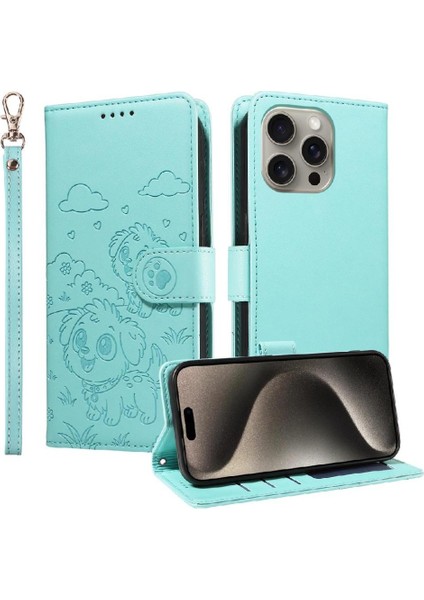 iPhone 15 Pro Sevimli Karikatür Köpek Manyetik Deri Kapaklı Koruyucu Telefon Kılıfı Cüzdan Kart Tutucu Bilek Kayışı (Yurt Dışından)