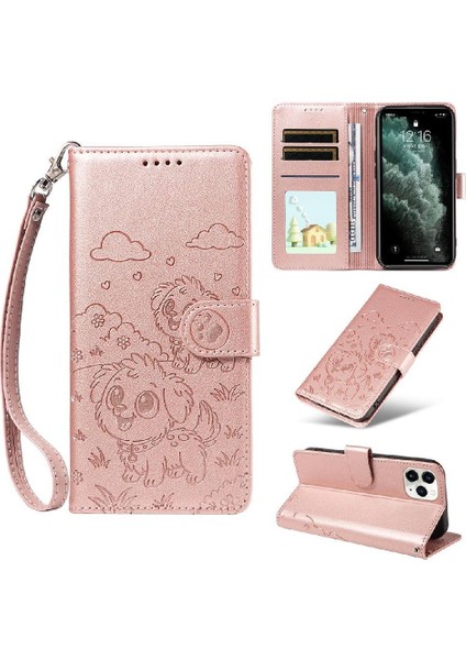 iPhone 11 Pro Max Sevimli Karikatür Köpek Manyetik Deri Kapaklı Koruyucu Telefon Kılıfı Cüzdan Kart Tutucu Bilek Kayışı (Yurt Dışından)