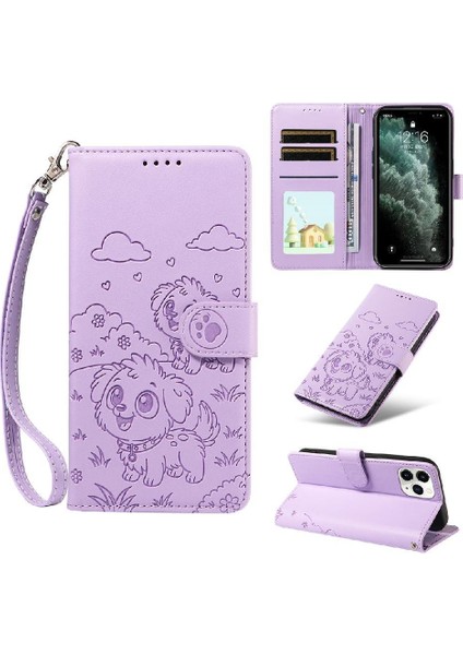 iPhone 11 Pro Max Sevimli Karikatür Köpek Manyetik Deri Kapaklı Koruyucu Telefon Kılıfı Cüzdan Kart Tutucu Bilek Kayışı (Yurt Dışından)