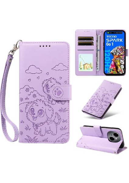 Tecno Pop 9 Sevimli Karikatür Köpek Manyetik Deri Kapaklı Koruyucu Telefon Kılıfı Cüzdan Kart Tutucu Bilek Kayışı (Yurt Dışından)
