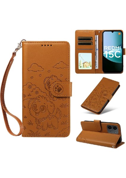 Xiaomi Poco C85 Sevimli Karikatür Köpek Manyetik Deri Kapaklı Koruyucu Telefon Kılıfı Cüzdan Kart Tutucu Bilek Kayışı (Yurt Dışından)