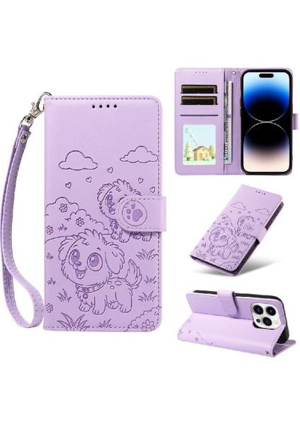 iPhone 14 Pro Max Sevimli Karikatür Köpek Manyetik Deri Kapaklı Koruyucu Telefon Kılıfı Cüzdan Kart Tutucu Bilek Kayışı (Yurt Dışından)