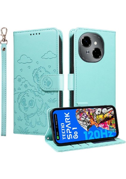 Tecno Pop 9 Sevimli Karikatür Köpek Manyetik Deri Kapaklı Koruyucu Telefon Kılıfı Cüzdan Kart Tutucu Bilek Kayışı (Yurt Dışından)