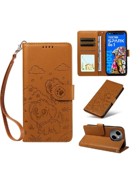 Tecno Pop 9 Sevimli Karikatür Köpek Manyetik Deri Kapaklı Koruyucu Telefon Kılıfı Cüzdan Kart Tutucu Bilek Kayışı (Yurt Dışından)