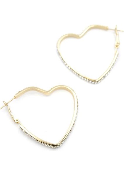 Taşlı Kalp Halka Küpe - Altın