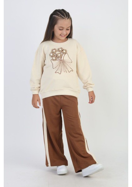 Örgü Çiçek Desenli Kız Çocuk Bol Pantolonlu takım - Kahve