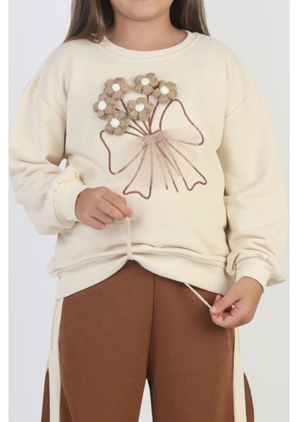 Örgü Çiçek Desenli Kız Çocuk Bol Pantolonlu takım - Kahve fiyatları