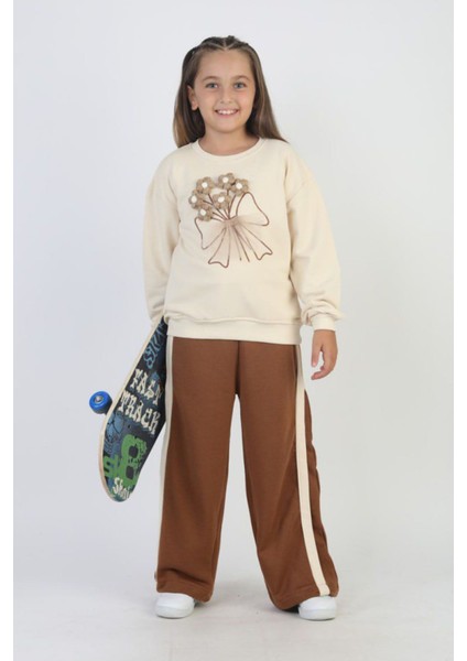 Örgü Çiçek Desenli Kız Çocuk Bol Pantolonlu takım - Kahve modelleri