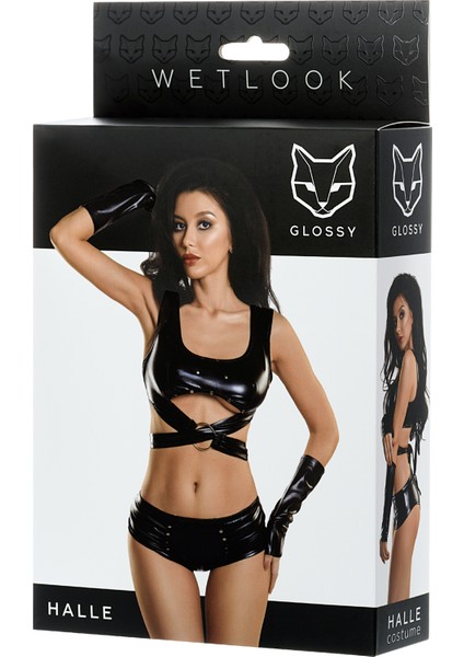 Glossy Halle Deri Büstyer, Mini Şort ve Eldiven Seti, Wetlook , Siyah, M indirimleri