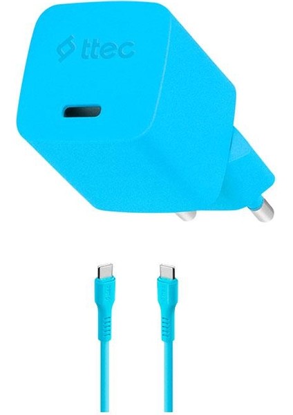 Smartcharger Gan 20W Pd Seyahat Hızlı Şarj Aleti + Usb-C - Usb-C 3A Kablo Neon Mavi 2SCG20CN