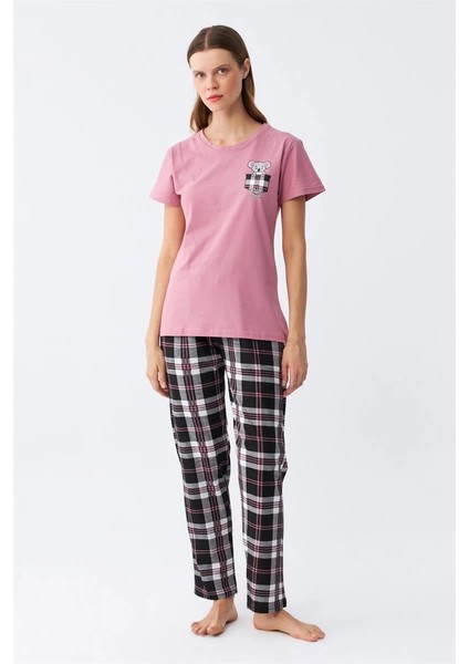 Kadın Somon Ayıcık Baskılı Ekoseli Penye Pijama Takımı