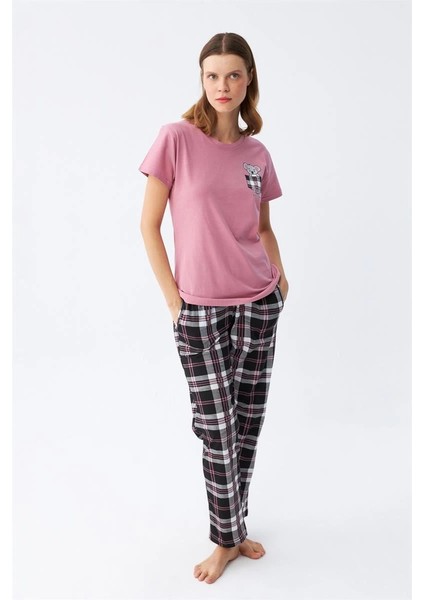 Kadın Somon Ayıcık Baskılı Ekoseli Penye Pijama Takımı fırsatları