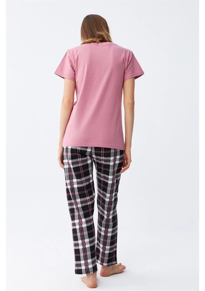 Kadın Somon Ayıcık Baskılı Ekoseli Penye Pijama Takımı