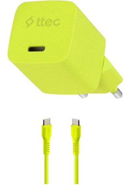 Smartcharger Gan 20W Pd Seyahat Hızlı Şarj Aleti + Usb-C - Usb-C 3A Kablo Neon Sarı 2SCG20CN