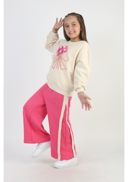 Örgü Çiçek Desenli Kız Çocuk Bol Pantolonlu takım - Fuşya