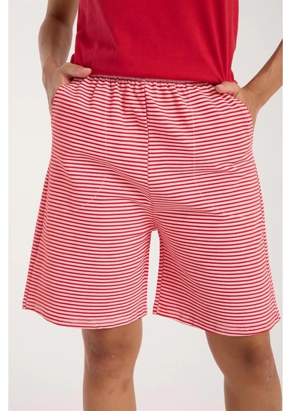 Kadın Kırmızı Kurdele Detaylı Çizgili Şortlu Pijama Takımı