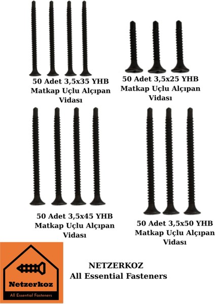 200 Adet 4 Çeşit Yhb Matkap Uçlu, Akıllı Siyah Alçıpan Vidası Seti - Metal Yüzeyler Için