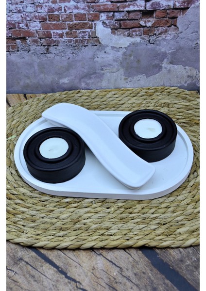 Taş Tozu Dekoratif Tealight Mumluk Seti – 2’li Mumluk, Takı & Sunum Kutusu ve Oval Tabak Yingyang Takı Kutusu