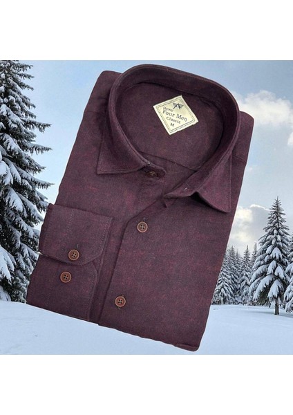 Klasik %100 Cotton Uzun Kollu Terletmeyen Kışlık Flanel Kumaş Bordo Gömlek (Regular Kalıp)