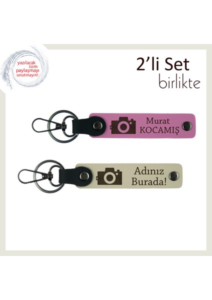 Kamerayla Göz Göze, Kişisel Yazılı, Fotoğraf Makinesi Temalı Anahtarlık Seti, Pembe-Sütlü Kahve