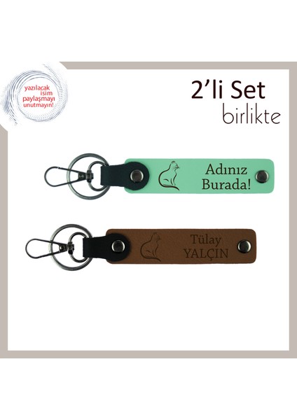 Minnoş ve Mistik, Kedili Stil, Kişisel Yazılı Anahtarlık Hediyesi, Açık Yeşil-Açık Kahve