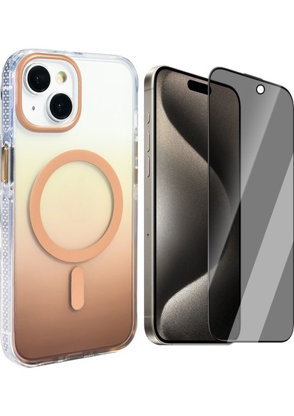 iPhone 14 Kılıf M-safe Şarj Özellikli Transparan Renk Geçişli Zore Toros Kapak + Hayalet Ekran Koruyucu