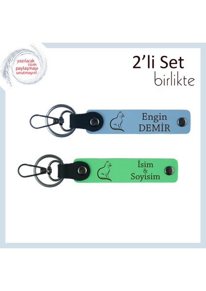 Kedisever Öğretmene Hediye, Patili Temalı, Kişisel Anahtarlık Seti, Gök Mavi-Fıstık Yeşil