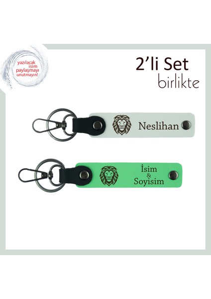 Erkek Arkadaşa Doğum Günü Sürprizi, Aslan Desenli 2’li Yazılabilir Anahtarlık, Beyaz-Fıstık Yeşil
