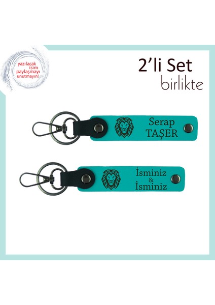 Aslan Temalı Erkek Kardeşe Kalıcı Hatıra, Kişiye Özel Deri Anahtarlık Seti, Koyu Turkuaz-K Turkuaz