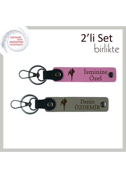 Boks Temalı Karizmatik Hediye, Erkek Sevgiliye Isim Yazılabilir Deri Anahtarlık Takım, Pembe-Kül Gri