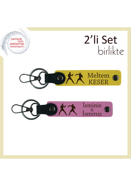 Usta-Öğrenci Saygısını Yansıtan, Isme Özel Yazılı 2’li Anahtarlık, Dövüş Temalı, Sarı-Pembe