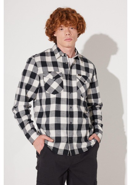 Regular Fit Normal Kesim %100 Pamuk Ekose Siyah Krem Uzun Kollu Gömlek