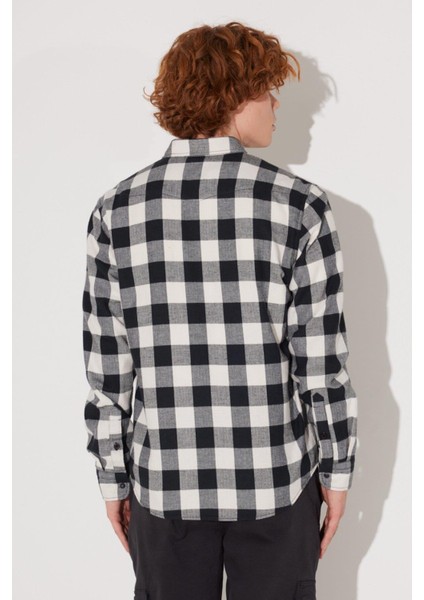 Regular Fit Normal Kesim %100 Pamuk Ekose Siyah Krem Uzun Kollu Gömlek