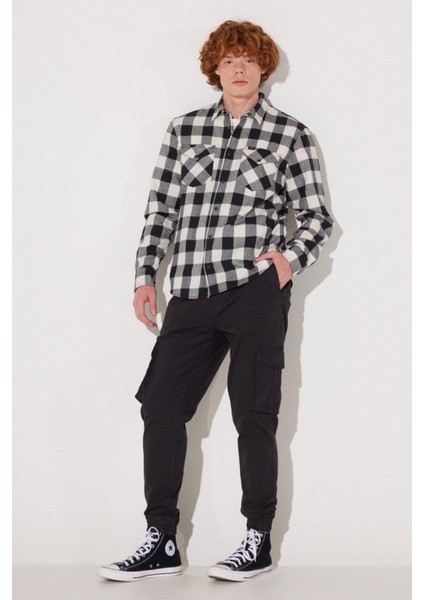 Regular Fit Normal Kesim %100 Pamuk Ekose Siyah Krem Uzun Kollu Gömlek