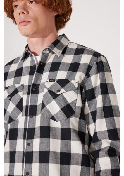 Regular Fit Normal Kesim %100 Pamuk Ekose Siyah Krem Uzun Kollu Gömlek