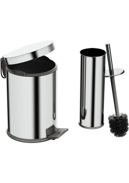 Basic Set - Klozet Fırçası + Çöp Kovası 3 L, 2 Parça, Parlak Krom Paslanmaz