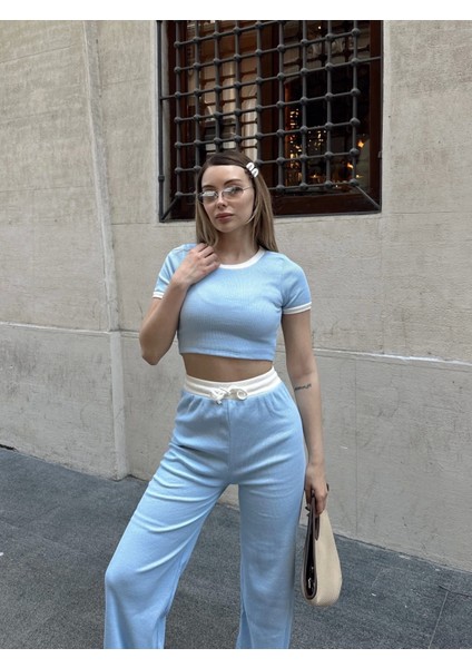 Crop Pantolon Biyeli Takım Mavi modelleri