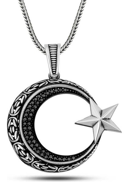 Gümüş Zirkon Taşlı Motifli Ay Yıldız Erkek Kolye