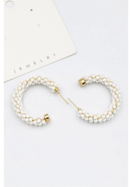 Kristal Boncuk Halka Küpe - Beyaz