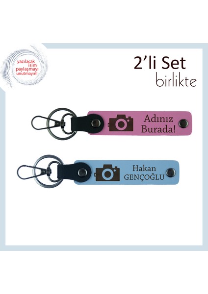 Yeni Mezun Fotoğrafçıya Armağan, Kamera Temalı, Kişisel Isimli Anahtarlık Seti, Pembe-Gök Mavi