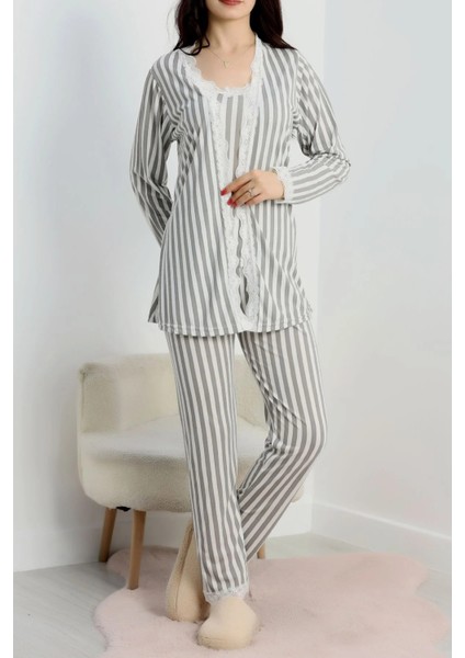 Gri Çizgili 3lü Vizon Pijama Set