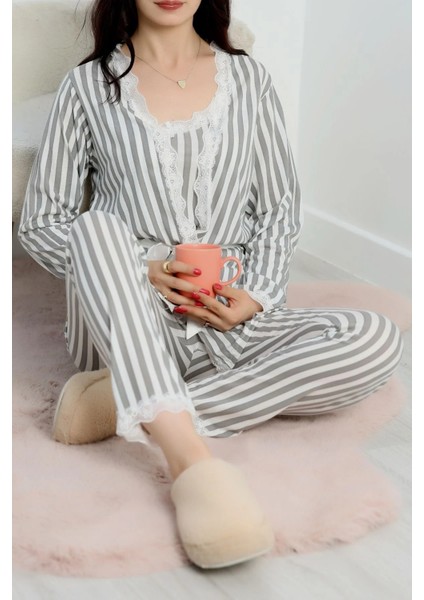 Gri Çizgili 3lü Vizon Pijama Set fırsatları