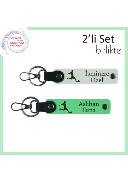 Futbol Temalı Minimal Armağan, Erkek Kardeşe Kalıcı Isimli Deri Anahtarlık, Beyaz-Fıstık Yeşil