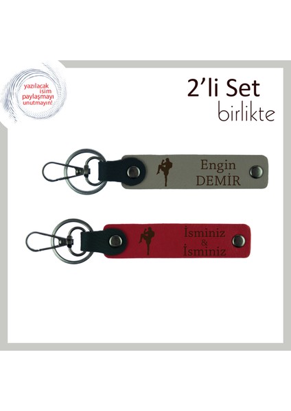 Kickboks Temalı Seçkin Hediye, Erkek Sevgiliye Uygun Kişisel Deri Anahtarlık, Kül Gri-Kırmızı