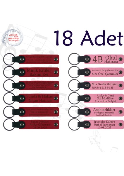 Kırmızı & Pembe, 18’li Set, Kişisel Mesajlı Deri Anahtarlık, Düğün Misafirlerine Küçük Hatıra