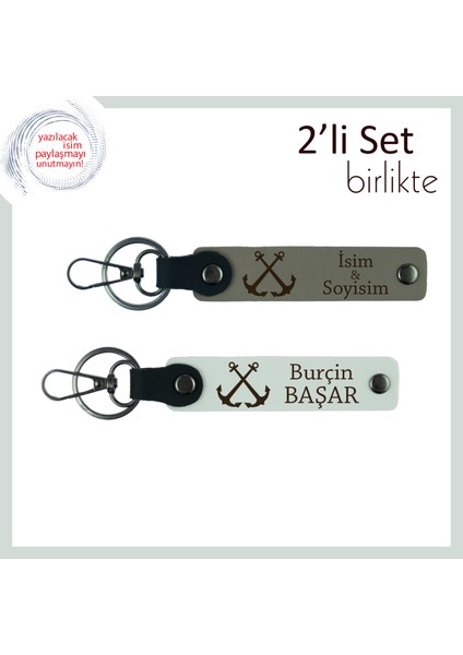 Balıkçı Teknesine Uygun Kişiye Özel Isimli Anahtarlık, Çapa Figürlü Hediyelik Set, Kül Gri-Beyaz