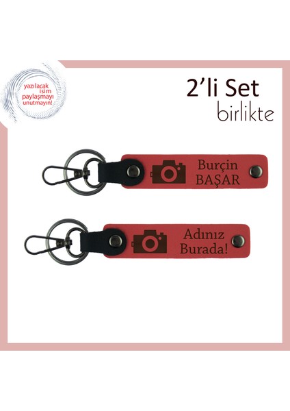 Karelere Dokunan Hatıra, Kamera Temalı, Isme Özel Deri Anahtarlık Takımı, Nar Çiçeği-Nar Çiçeği