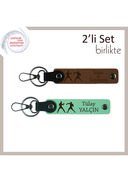 Ring Ruhunu Taşıyan Tasarım, Boks Temalı, Kişiye Özel Isimli 2’li Anahtarlık Set, Açık Kahve-A Yeşil