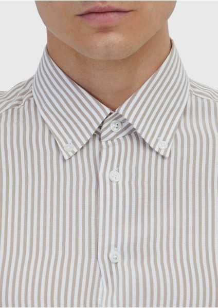 Bej Çizgili Casual Fit Dokuma Casual Gömlek fırsatları